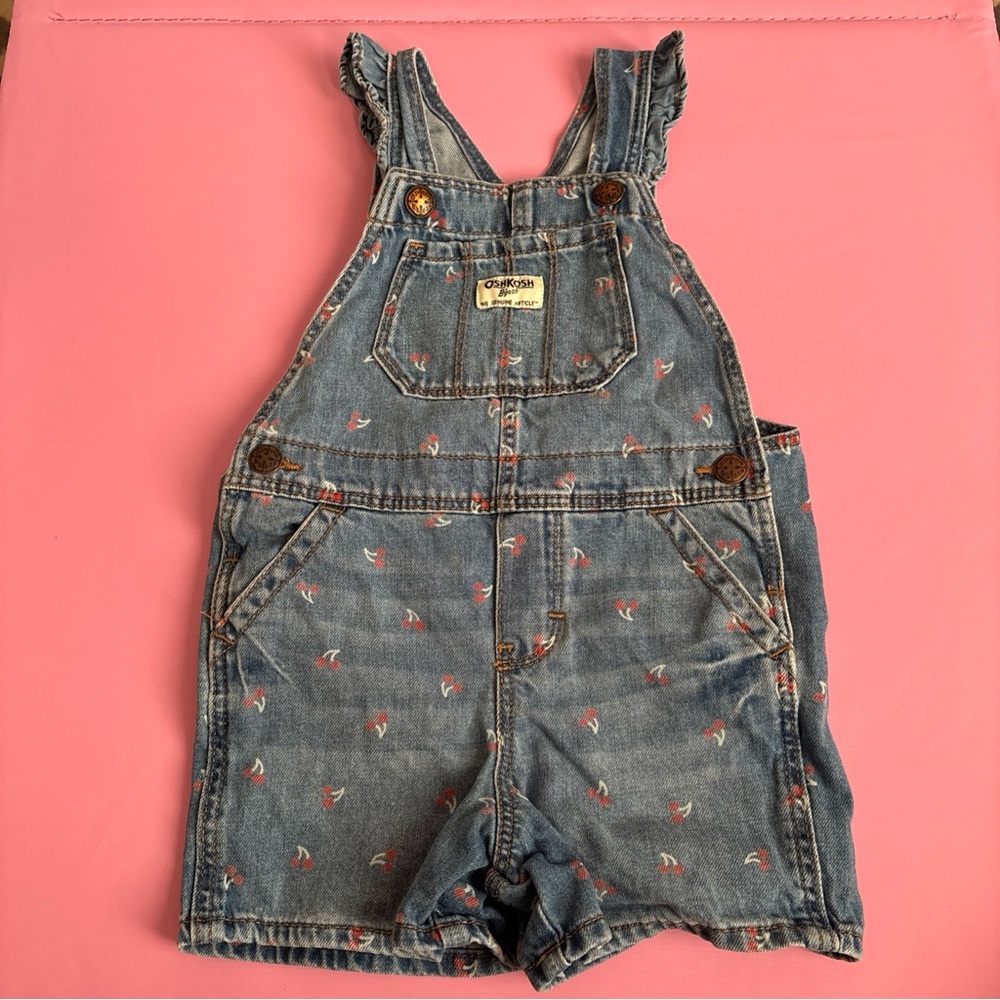 OshKosh B’Gosh Girls Denim Shortalls Cherry Print Overalls Size 3T Cotton